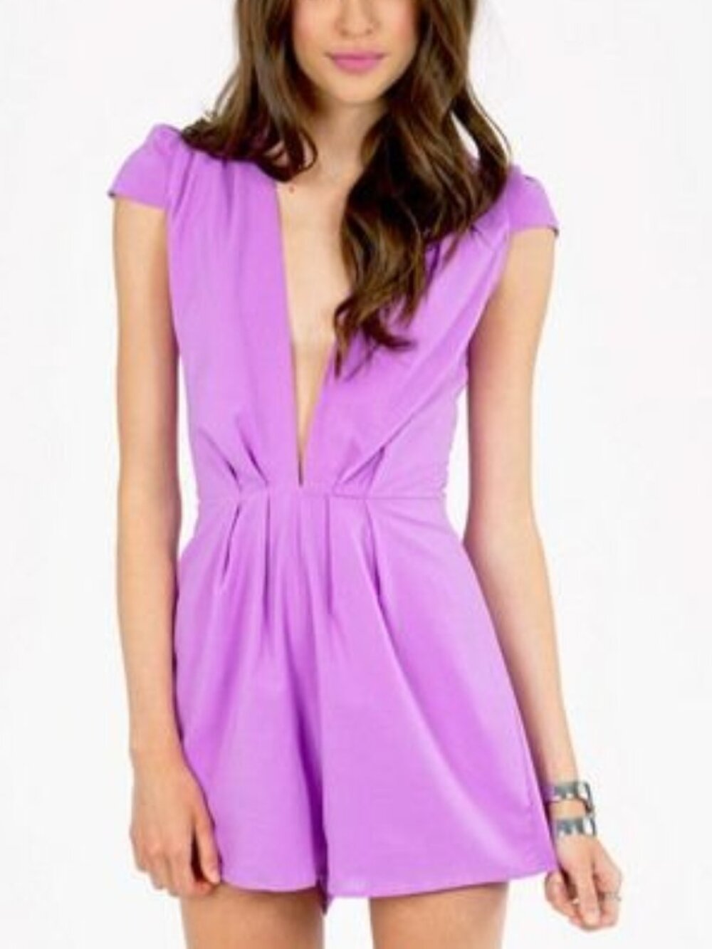 Tobi Neon Lilac Purple Plunge Chiffon Short Sleeve Romper